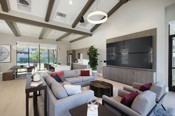 Clubroom with a grey sofa and a television.